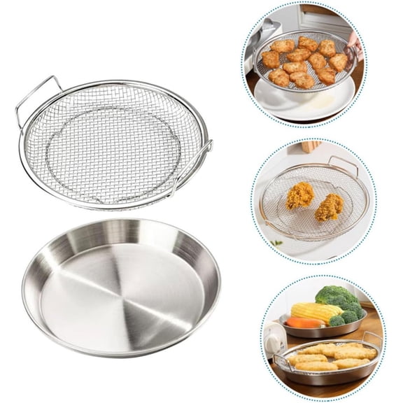 1Set Oil Filtering Net and Fried Food Serving Tray,Oil Draining Dish,Snack Cooling Net,Stainless Steel Mesh Drain Net,Round Wire Skimmer,Air Fryer Rack,for Filtering and Serving (8.7Inch)
