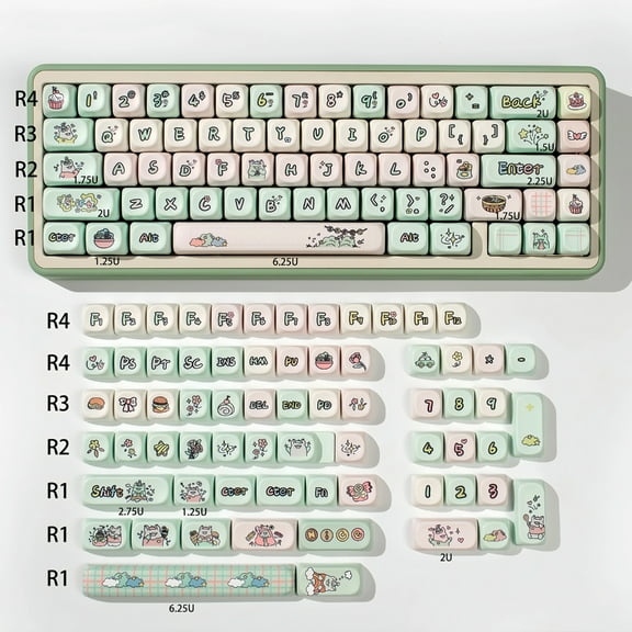 1Set PBT MOA Profile Keycaps Set Milk Green Pig Colorful Theme for 60/64/84/98/108 Gaming Mechanical Keyboards