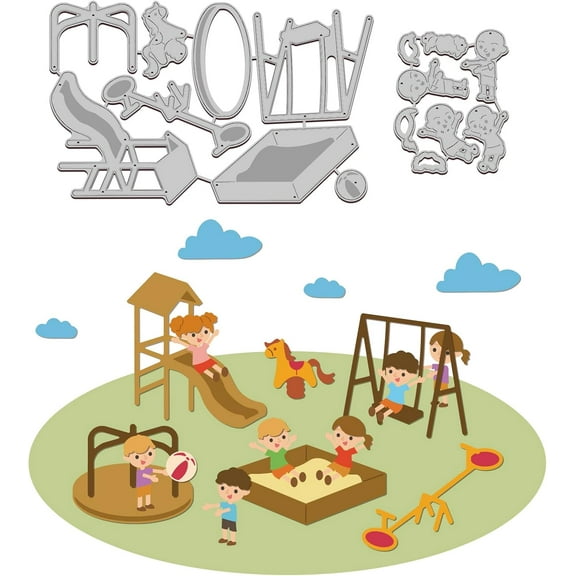 1Set Park People Cutting Dies Slide Swing Embossing Stencil Template Seesaw Carbon Steel Crafting Die Cut for Card Making Scrapbooking Photo Album Decoration