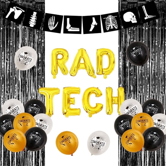 Black Gold Rad Tech Radiology Graduation Theme Set, Congrats X Ray Skeleton Banner, RAD TECH Foil Balloons, Latex Balloons and Fringe Curtain for Radiology Graduate Party Decor