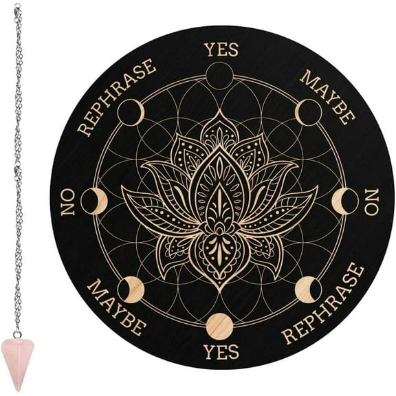 1Set Pendulum Board Lotus Flower Dowsing Divination Metaphysical Message Board 7.9Inch Wooden Carven Board with Rose Quartz Crystal Dowsing Pendulum Witchcraft Wiccan Altar Supplies Kit