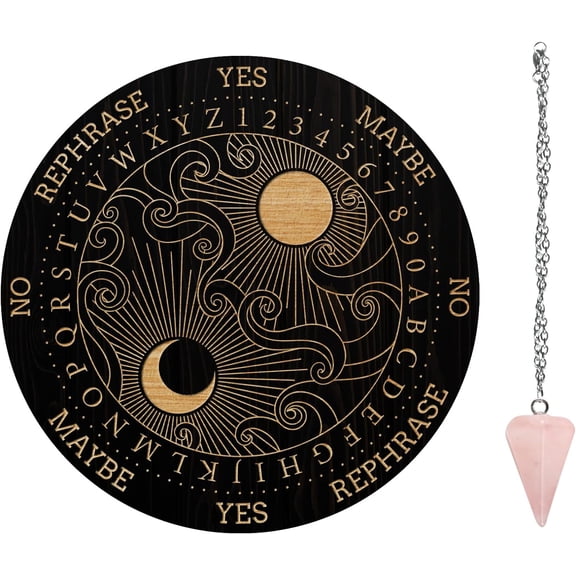 1Set Pendulum Board Set Wooden Dowsing Divination Board Metaphysical Message Board with Crystal Pendulum Necklace for Witchcraft Wiccan Altar Supplies Kit Sun& Moon& Clouds