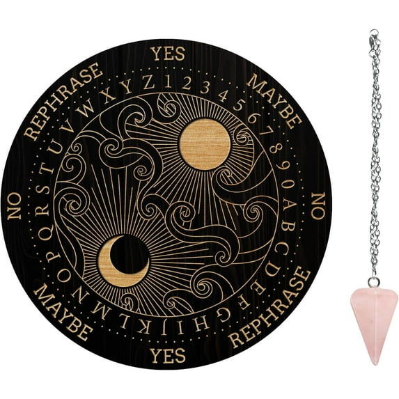 1Set Pendulum Board Set Wooden Dowsing Divination Board Metaphysical Message Board with Crystal Pendulum Necklace for Witchcraft Wiccan Altar Supplies Kit Sun& Moon& Clouds