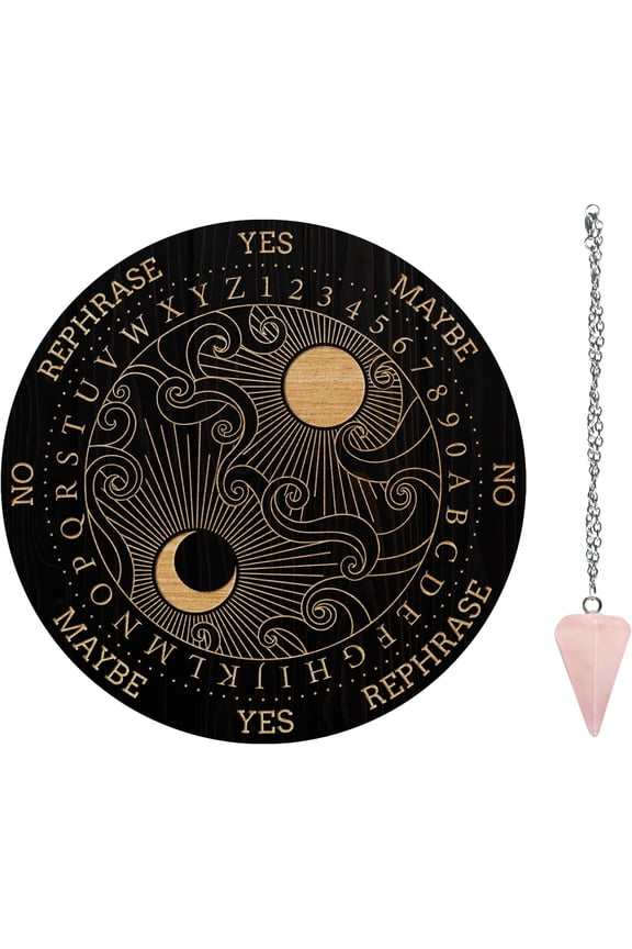 1Set Pendulum Board Set Wooden Dowsing Divination Board Metaphysical Message Board with Crystal Pendulum Necklace for Witchcraft Wiccan Altar Supplies Kit Sun& Moon& Clouds