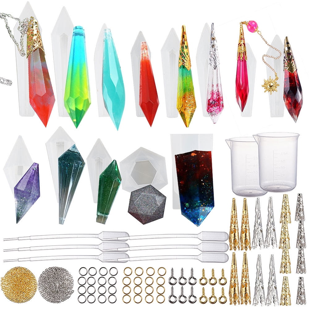 1Set Pendulum Crystal Point Resin Silicone Molds Resin Jewelry Casting Pendulum Molds with Metal Bead Caps Screw Eye Pin Jump Ring Cable Chain Pipette for Resin Jewelry Pendant