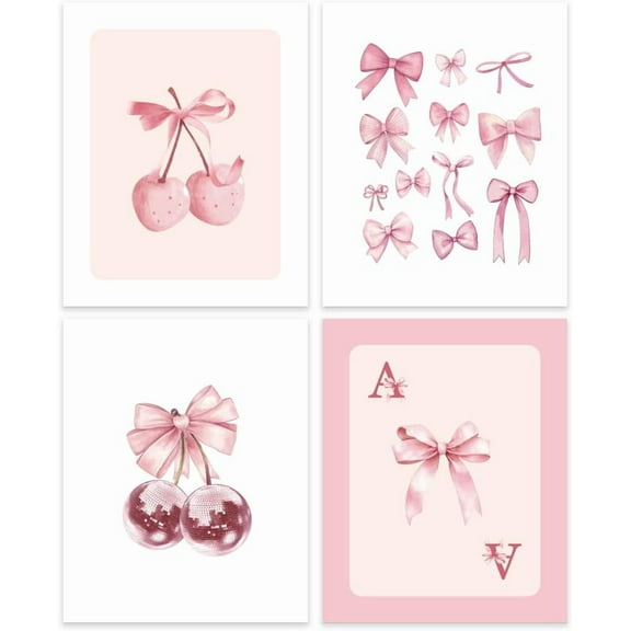 1Set Pink Bow Coquette Wall Art Prints Set of 4 Preppy Coquette Room Decor Aesthetic Pink Bow Cherry Wall Decor Posters for Bedroom Bathroom Dorm - 10x8Inch (Unframed)