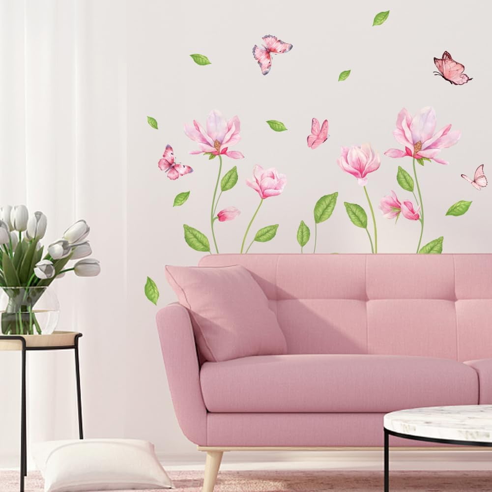 1Set Pink Flowers Wall Decal Large Size Butterfly Wall Sticker Waterproof Wall Art Decor Removable Peel and Stick Nursery Kid's Room Bedroom Wall Decor