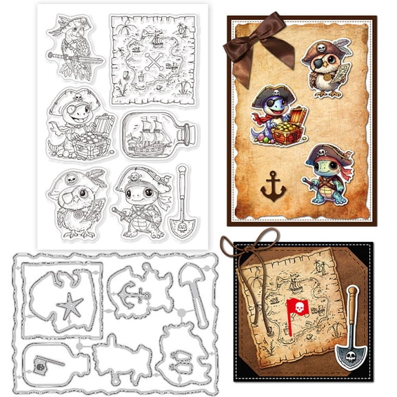 1Set Pirate Animal PVC Plastic Stamps with Carbon Steel Cutting Dies Stencils Photo Album Decorative Cards Making Mixed Shapes 109x158x0.8mm