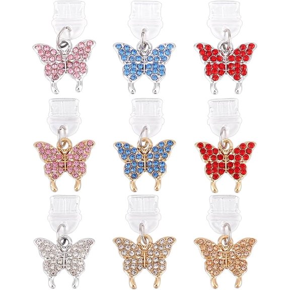 1Set Plastic Mobile Dustproof Plugs with Alloy Enamel Butterfly Pendants Mixed Color 2.6cm 9pcs/set