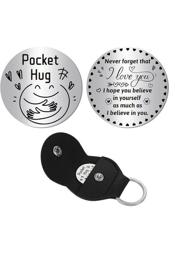 1Set Pocket Hug Token Long Distance Relationship Keepsake Stainless Steel Double Sided Inspirational Gift with PU Leather Keychain for Friends Daughter Son 1.2 Inch-Never Forget That I Love You