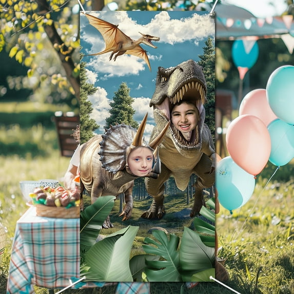 1Set Polyester Photo Backdrop for Party Decoration with Plastic Non-Trace Wall Picture Hook and Iron Curtain Clips Rectangle Dinosaur 1800x900mm
