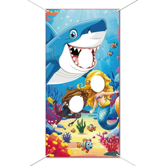 1Set Polyester Photo Backdrop for Party Decoration with Plastic Non-Trace Wall Picture Hook and Iron Curtain Clips Rectangle Mermaid 1800x900mm