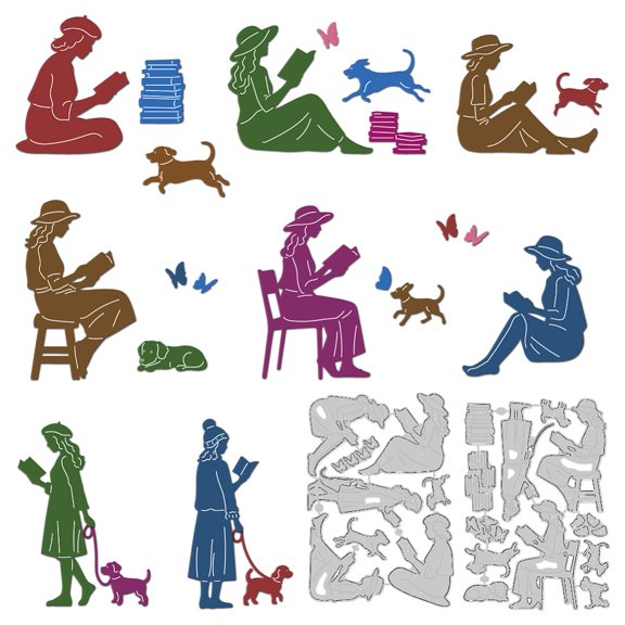1Set Reading Woman Theme Carbon Steel Cutting Dies Stencils Photo Album Decorative Embossing Paper Card Human 155~156x107x0.8mm 2pcs/set