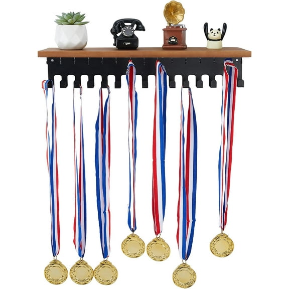 1Set Rectangle Wood Medal Holder Medal Display Hanger Rack with Iron Hook Black 400x64~127x6.5~30.5mm