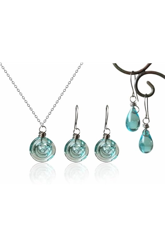 1Set Recycled Glass Spiral Earrings: Upcycled Mason Jar Dangles, Handmade Drop Earrings/Necklace, Beach Jewelry Inspirational Gifts for Women, Mom, Sister