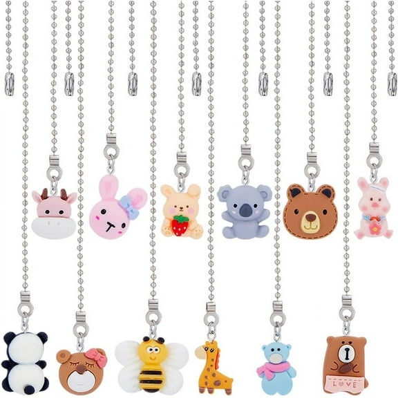 1Set Resin Ceiling Fan Pull Chain Extenders Animal Theme Pendant Decoration with Iron Ball Chains Bear/Koala/Bee Mixed Color 341~345mm 12 style 1pcs/style 12pcs/set