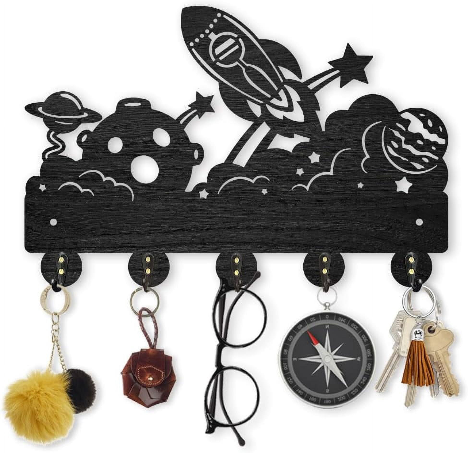 Space Theme Key Rack Wood & Iron Wall Mounted Hook Hangers Decorative Organizer Rack with ...
