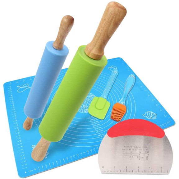 1Set Rolling Pin Pastry Mat Set Non-Stick 6 in 1 Dough Roller Baking Kit with Pastry Cutter Reusable Kneading Mat Scraper Basting Brush