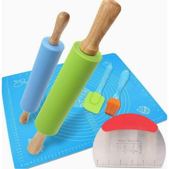 1Set Rolling Pin Pastry Mat Set Non-Stick 6 in 1 Dough Roller Baking Kit with Pastry Cutter Reusable Kneading Mat Scraper Basting Brush