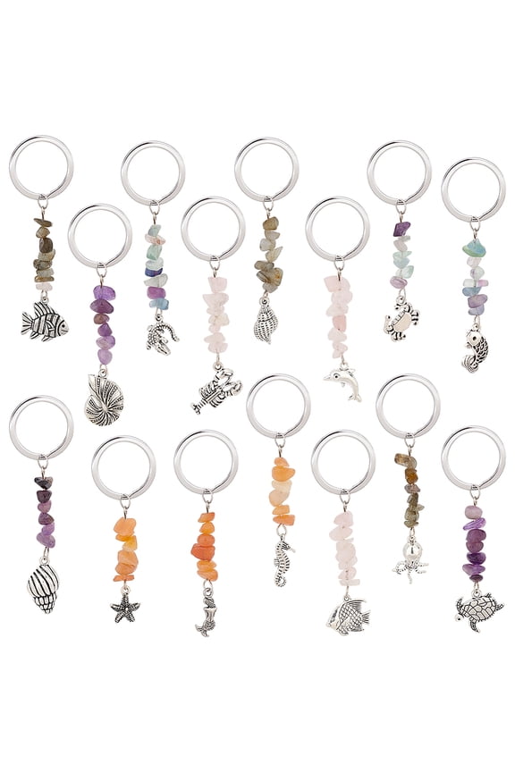 1Set Sea Animal Alloy Pendant Keychain Gemstone Chips Beaded Keychain Mixed Shapes 7~8.6cm 15 style 1pc/style 15pcs/set