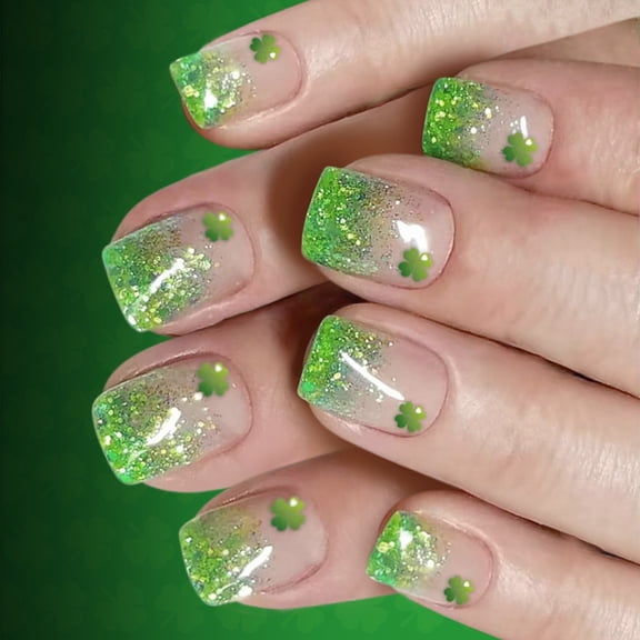1Set Short Press Nails Green Gradient French Glittering Leaves for Parties ABS