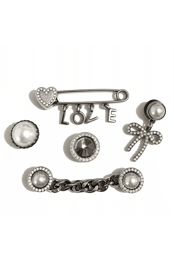 1Set Silver-Toned Diablo Sandal Charms,Diablo pearl series Chain,Pin,Black diamond & Big Pearl,Bow DIY Shoe Charms for Women