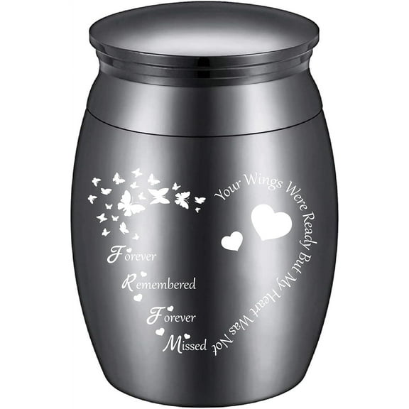 1Set Small Keepsake Urn Mini Cremation Urns Ashes Holder Butterfly Heart Miniature Burial Funeral Container Jar Engraving Stainless Steel for Human Family Friends Memorial Black 1.57x1.18Inch