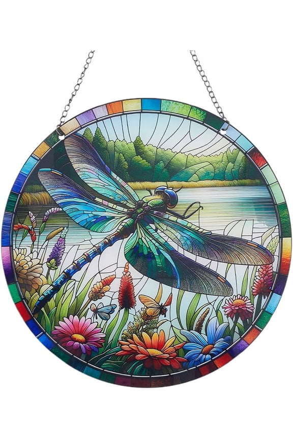 1Set Stained Acrylic Pendant Decoration for Garden Outdoor Hanging Ornaments Flat Round Dragonfly 200x1.5mm Hole: 4mm