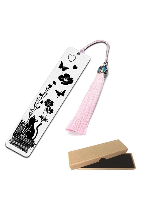1Set Stainless Steel Bookmarks with Nylon Tassel Big Pendant Decorations Cat Shape 125x56mm 1pc