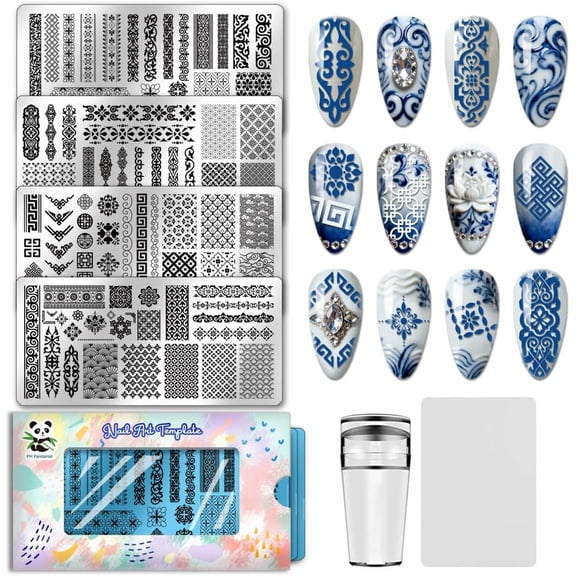 1Set Stainless Steel Nail Art Templates Template Tool Rectangle Floral 12x6cm 4 sheets/set