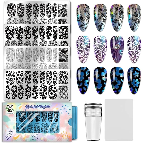 1Set Stainless Steel Nail Art Templates Template Tool Rectangle Flower 12x6cm 4 sheets/set