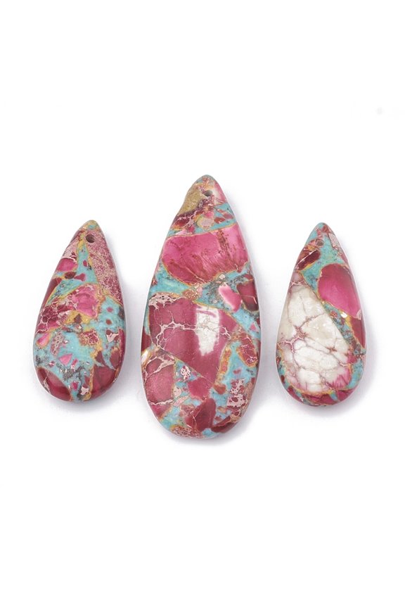 1Set Synthetic Gemstone Pendants Turquoise and Regalite/Imperial Jasper/Sea Sediment Jasper Dyed teardrop Hot Pink 36~50x15~21x6~7mm Hole: 1mm 3pcs/set DIY