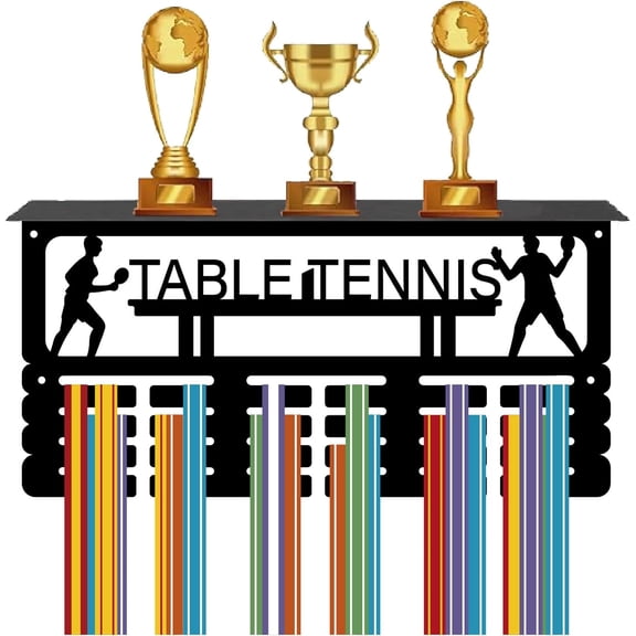 1Set Table Tennis Medal Holder with Trophy Shelf Medal Hanger Rack Display Wall Mounted Hanging Awards 4 Rows Hold 70+ Medals Gift for Table Tennis Race Winner Player 15.7x7.9 Inch Black