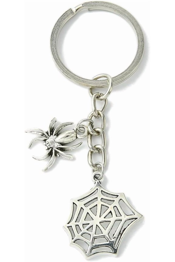 1Set Tibetan Style Alloy Pendants Keychain with Iron Split Key Rings Spider Web Silver Platinum 8cm 10pcs/set. for DIY Cratf