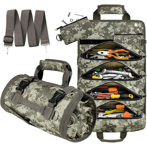1Set Tool Bag, Tool Organizer, Upgrade Oxford Fabric Tool Roll Bag with Waterproof PVC Coating Inside, Large-Capacity Small Portable Tool Roll with 11 Pockets, Camouflage Color
