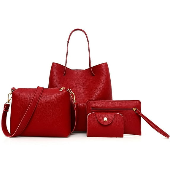 1Set Tote Bag for Women, Fashion Solid Color Soft Faux Leather Shoulder Bag, Large Casual Work Handbags Messenger Bag Wallet Card Hold 4 Pcs Set, Wine Red(4Pcs)