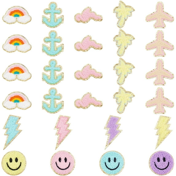 1Set Towel Embroidery Style Cloth Iron on/Sew on Patches Appliques Badges Flat Round Anchor & Plant & Palm Tree & Flamingo Mixed Color 40~77x35~62x3mm 28pcs/set