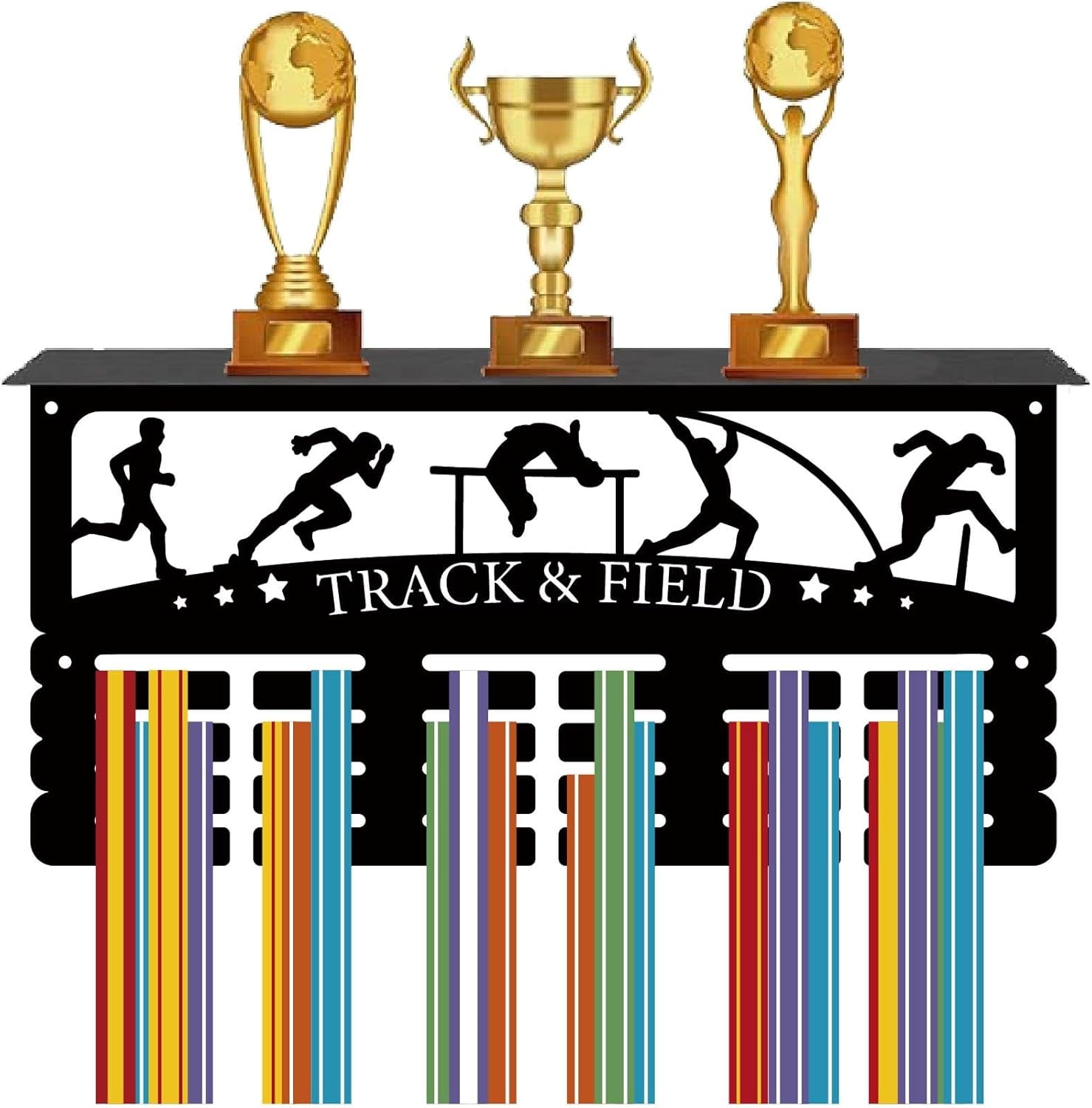 1Set Track & Field Medal Holder Medal Hanger Display with Trophy Shelf Metal Wall Mount Iron Frame Sports Medal Rack Organizer for Hanging Medals Running Jumping Throwing Awards 15.7 x 7.9Inch