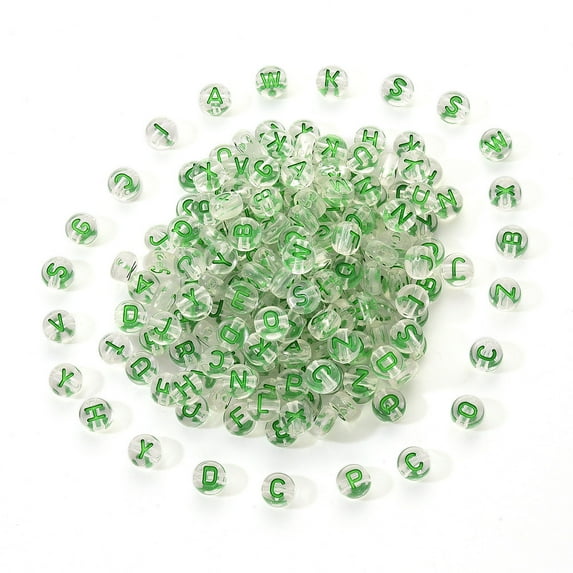 1Set Transparent Clear Flat Round with Random Letter Sea Green Acrylic Beads Horizontal Hole 7x4mm Hole: 1.6mm 200pcs/set