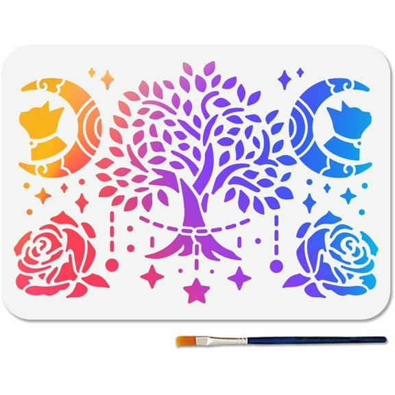 1Set Tree of Life Painting Stencil Roses Stars Templates 11.7x8.3inch Crescent Moon Reusable Plastic Stencil with Paint Brush A4 Cats Starlight Template for Wood Wall Window DIY Craft