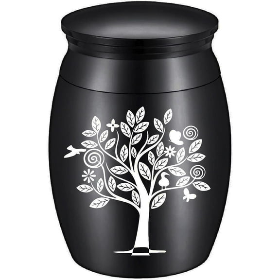 1Set Urn Mini Tree of Life Birds Heart Pet Ashes Small Keepsake Memorial Waterproof Stainless Steel Cremation Container Jar 1.18x1.57inch Black