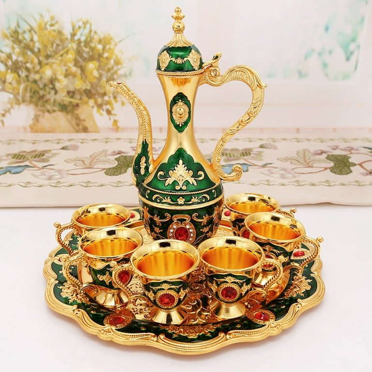 1Set Vintage Metal Turkish Coffee Pot Set European Style Tea Set 6 Luxury Coffee Cups Craft Tea Tray And Teapot For Serving Tea Coffee