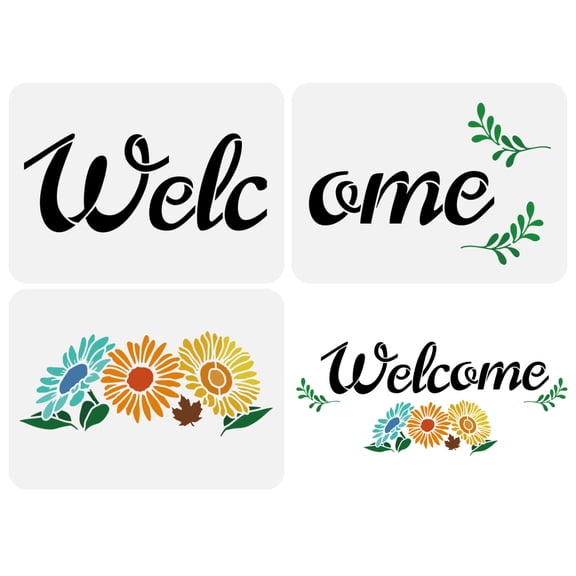 1Set Welcome Sign Stencil Large Farmhouse Welcome Stencils Template Plastic Daisy Maple Leaf Patterns Stencil Reusable Letter Word Stencil
