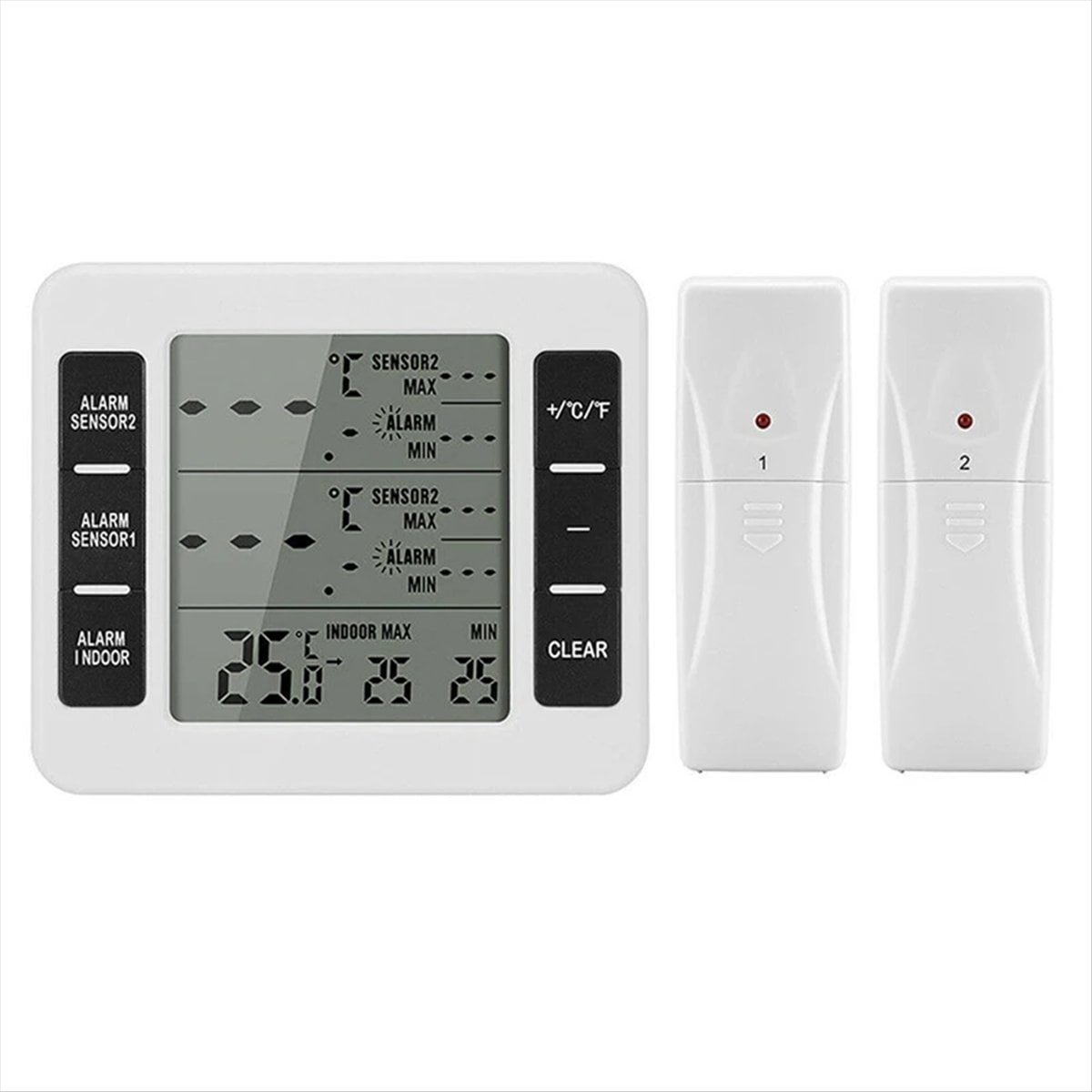 1Set Wireless Freezer Thermometer 2 Remote Sensors Alarm Low Temperature Refrigerator Thermometer Clock