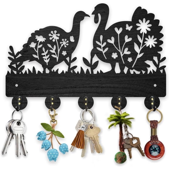 1Set Wood Turkey Flower Coat Hooks 11.87.9inch Chicken Wildflower Key Holder for Wall Decorative Wall Hooks Gift Animal Key Rack Organizer 5 Alloy Hooks for Farmhouse Kitchen Entryway