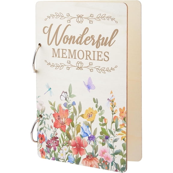 1Set Wooden 2-Ring Loose Leaf Binder Postcard Phote Album Cover with 2Pcs Iron Loose Leaf Book Binder Hinged Rings Flower 2pcs/set