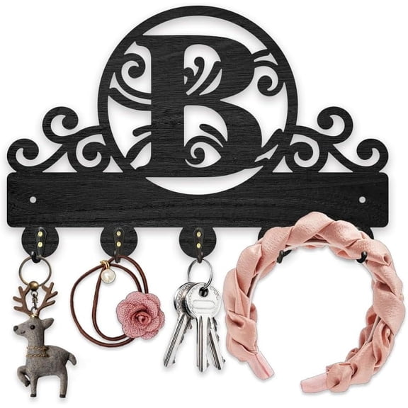 1Set Wooden Letter B Key Holder for Wall 11.8x7.8inch Vine Pattern Wall Mounted Key Rack Capital Alphabet Coat Hat Hook 5 Alloy Hooks for Entryway Front Door Hallway Wall Art Decor