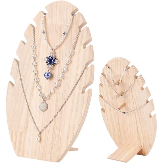 1Set Wooden Necklace Display Stand, 5 Slots Leaf Shape Jewelry Holder Chain Organizer Adjustable Length Necklace Bracelet Easel with Pegs in Back for Home Store Jewelry Show