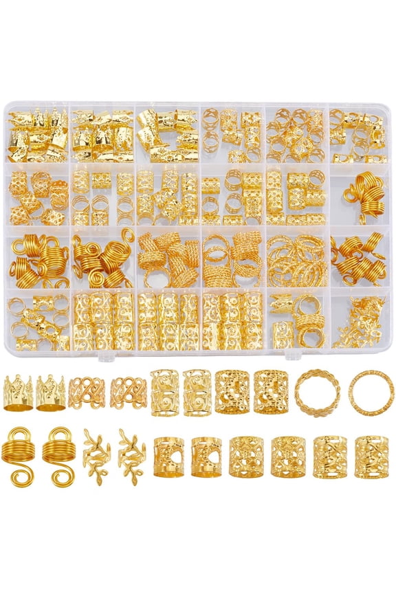 1Sets 1 Box 220Pcs 11 Styles Gold Dreadlock Hair Accessories Metal Hair Clips Braids Jewelry Rings Cuffs Clips for Dreadlock Decoration Party Holiday Styling Tool DIY Necklace Bracelet Handicrafts