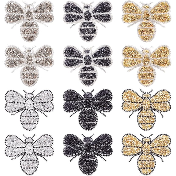 1Sets 12pcs Bee Shape Glitter Hotfix Rhinestone Hot Drilling Pattern 6 Colors DIY Transfers Patches Hot Melt Adhesive on The Back for Arts Crafts Event Costume